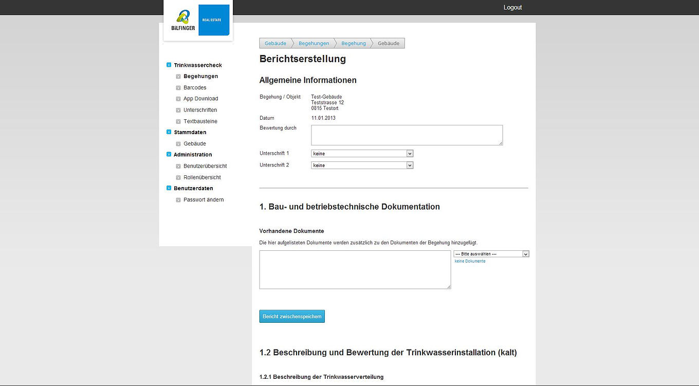 Bilfinger Trinkwasser-Installations-Check Ulm - Cloud Software Backend mit CORTEX Framework zur automatischen Dokumentengenerierung
