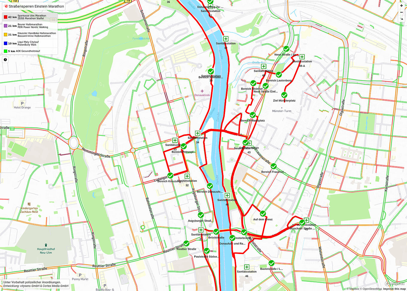 Straßensperren Einstein-Marathon Ulm - Datenvisualisierung mit isometrischer Ansicht, 3D-Gebäuden und Verkehrslage-Layern