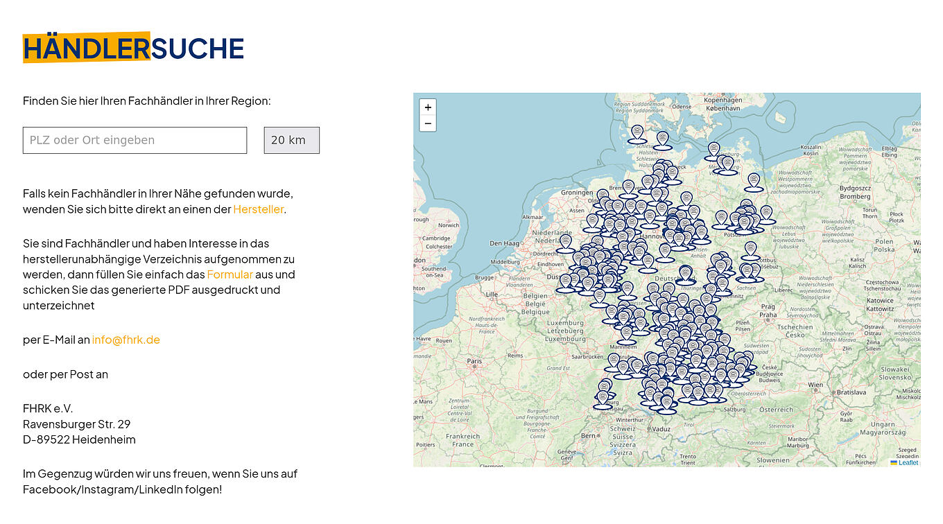 FHRK Ulm - Händlersuche mit OpenStreetMap-Kartenanwendung und PLZ-Suche im WordPress CMS