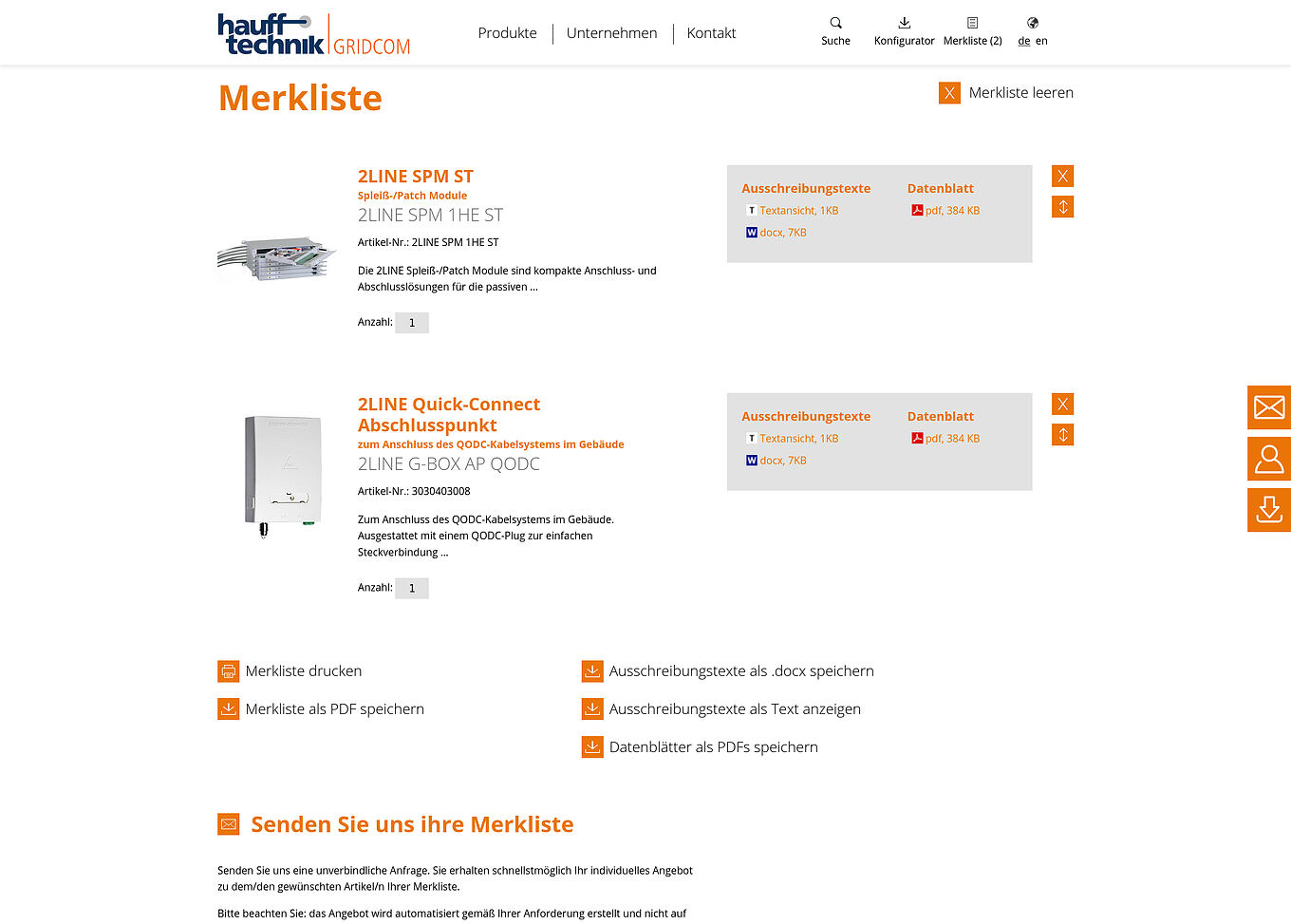 Hauff-Technik GRIDCOM Ulm - Merkliste mit LV-Text-Download für Glasfaser-Produkte im Responsive Design CMS