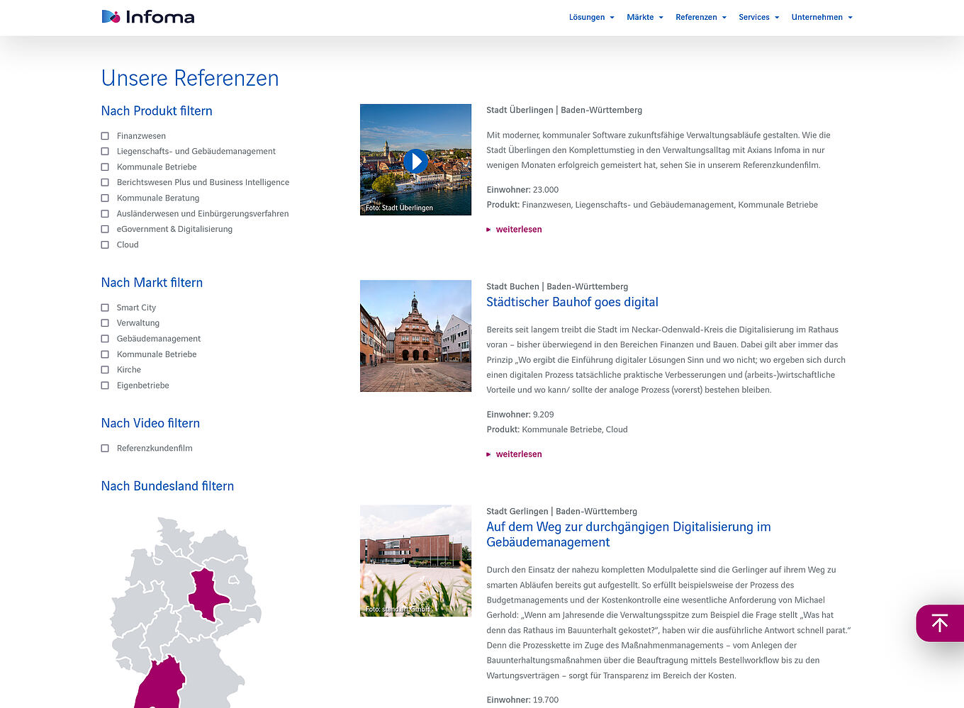 Axians Infoma Ulm - Intuitives Filtersystem für Referenzen nach Produkt und Branche