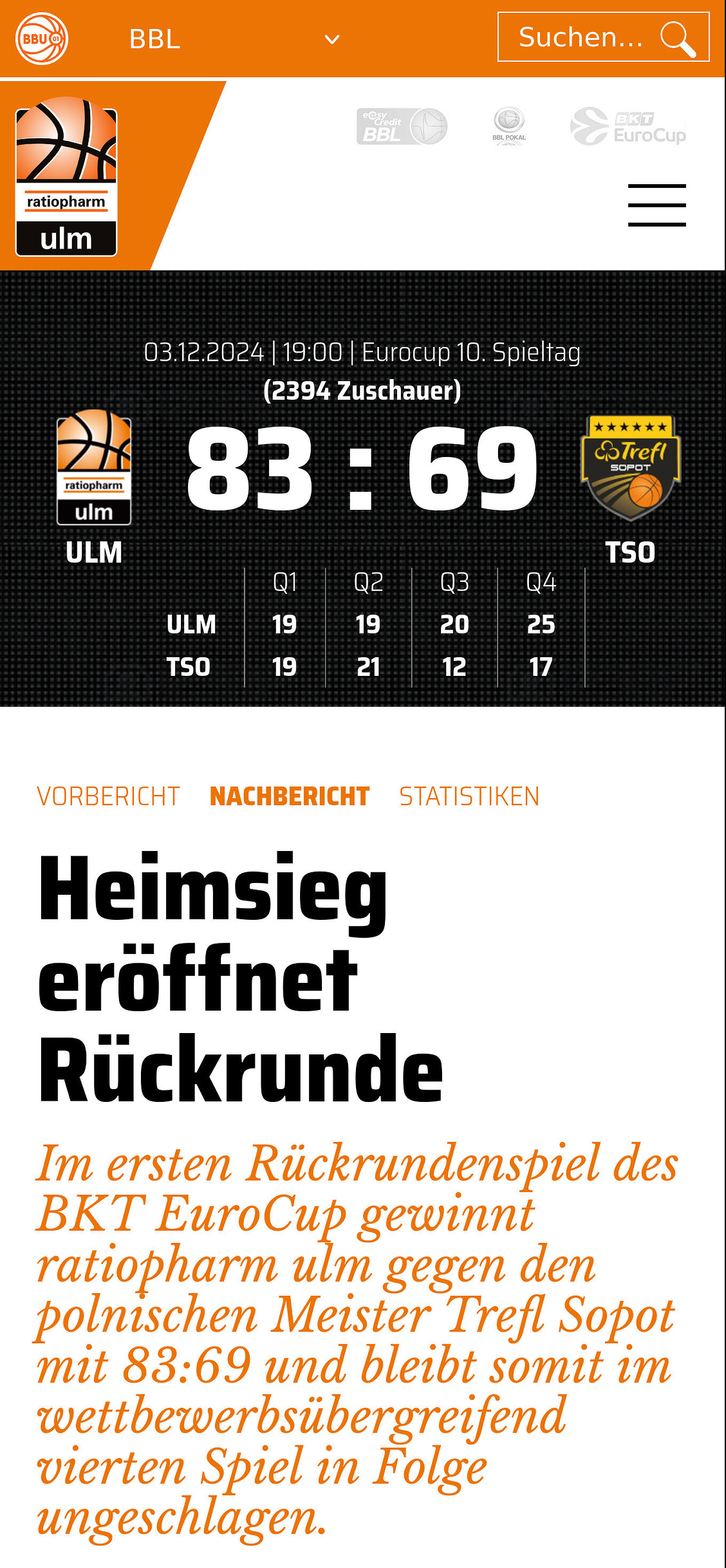 ratiopharm ulm Ulm - Push- und Livedaten für Echtzeit-Liveticker mit grafisch optimierten Mobilansichten