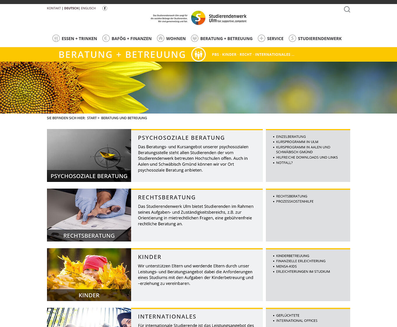 Studierendenwerk Ulm Ulm - WordPress-Webseite mit Landingpages, strukturierten Hauptkategorien und Untermenüs