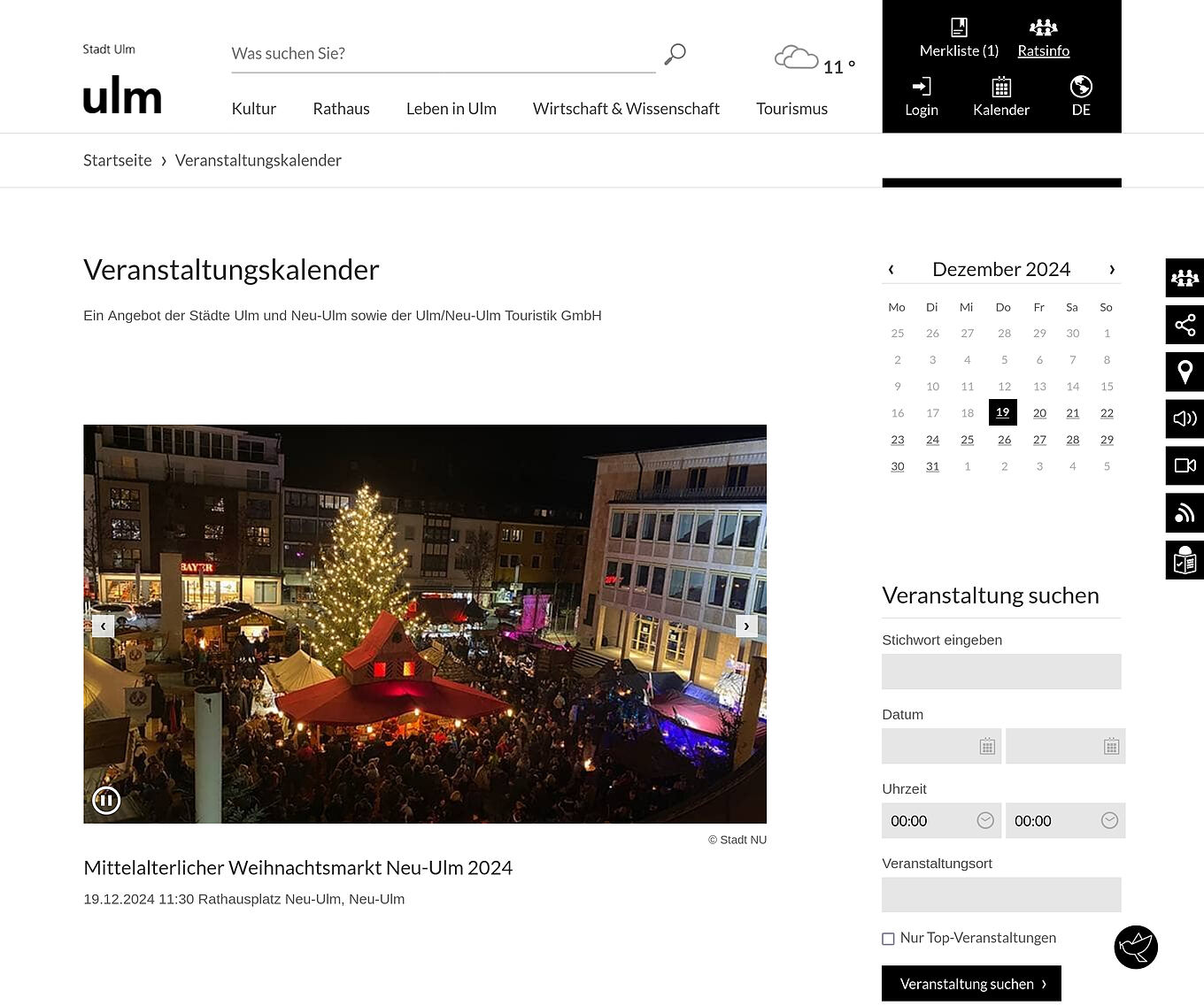 ulm.de Ulm - Interaktive Webdesign-Funktionen mit Merkliste, Terminkalender und Schnellzugriffsleiste