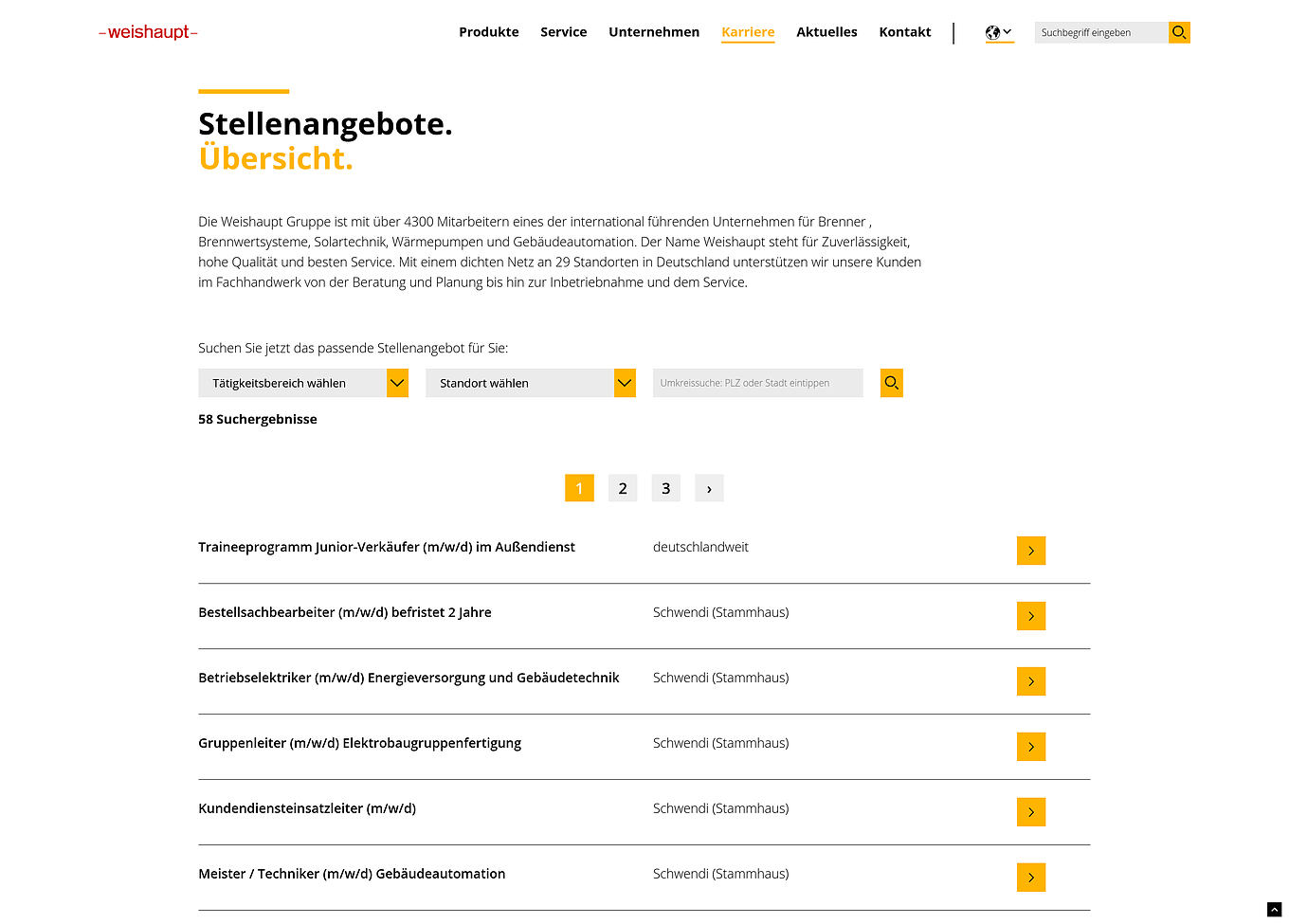 Weishaupt Webseite Ulm - individuell entwickeltes Karriereportal mit Suchfunktion und Filteroptionen