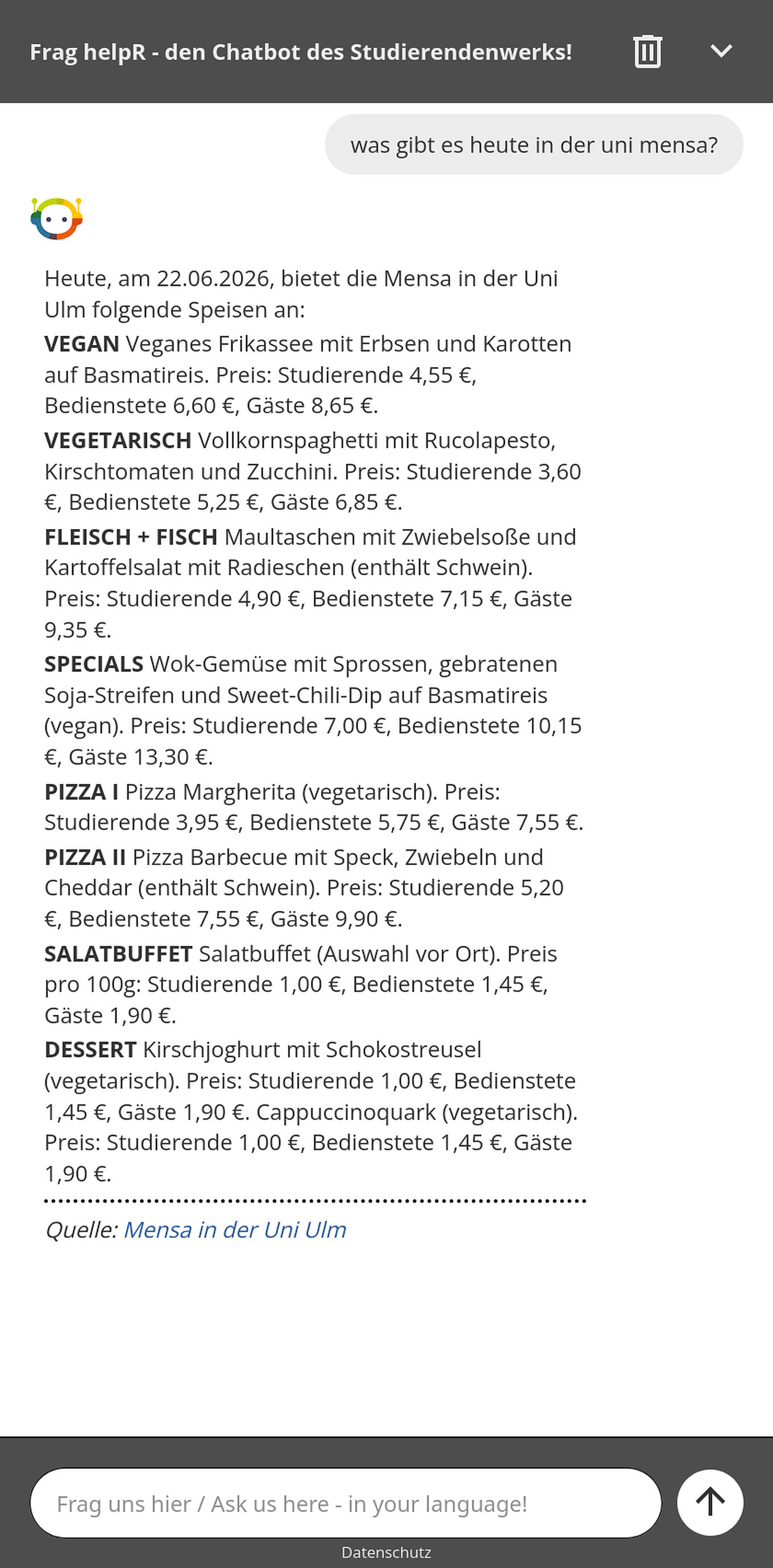 Studierendenwerk Ulm Chatbot Ulm - Sprachübergreifende KI-Antworten zum Speiseplan auf Deutsch